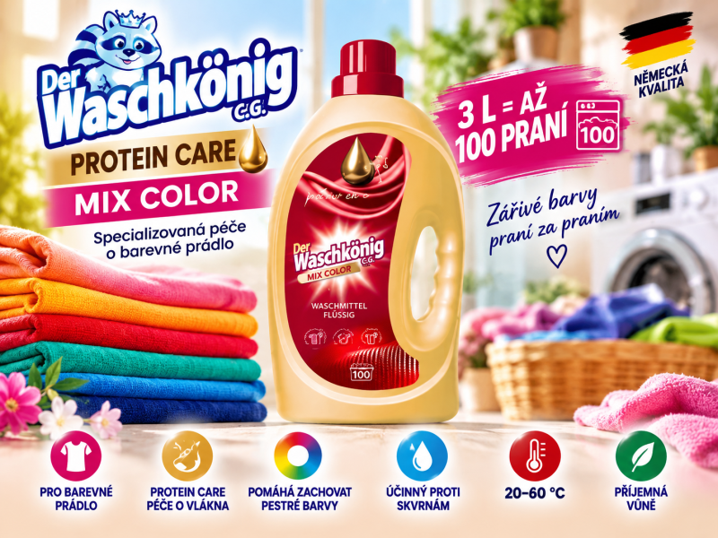 Waschkönig Protein Care Mix Color XXL prací gel na barevné prádlo – 3 l, až 100 praní